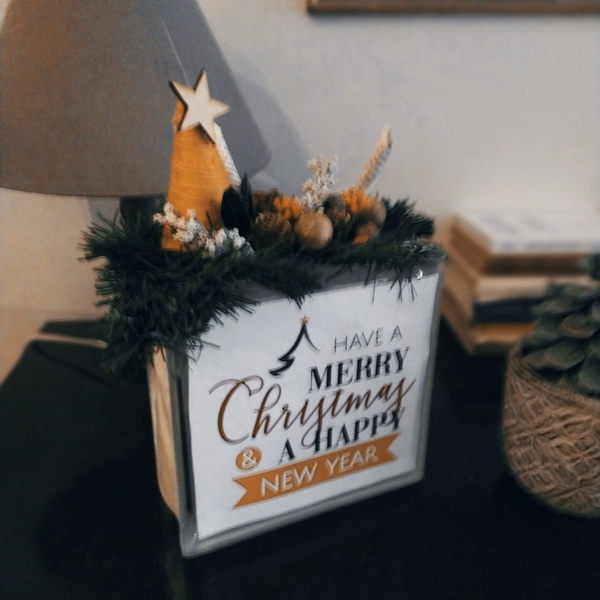 Χριστουγεννιάτικο φωτιστικό προσωποποιημένο υαλότουβλο - ξύλο, διακοσμητικά, χριστουγεννιάτικα δώρα - 2