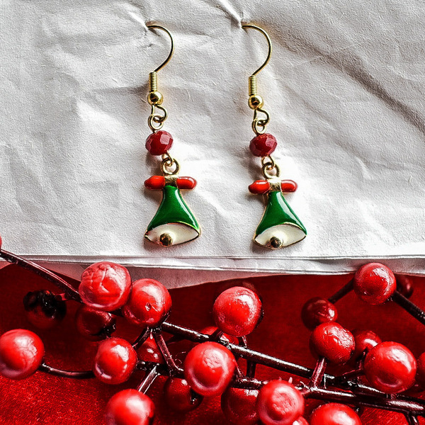 Χριστουγεννιάτικα σκουλαρίκια καμπανούλες - μικρά, κρεμαστά, γάντζος, χριστουγεννιάτικα δώρα - 5