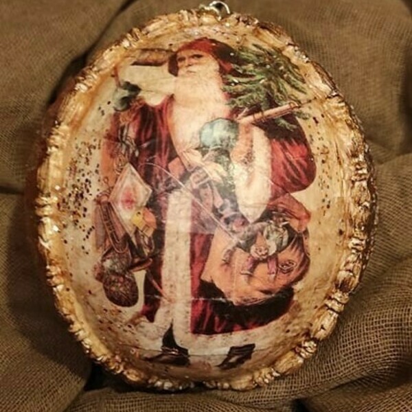 Χειροποίητη χριστουγεννιάτικη μπάλα με Αγιο Βασίλη σε καφέ - πορτοκαλί 12 εκ. - πηλός, στολίδια, μπάλες - 4