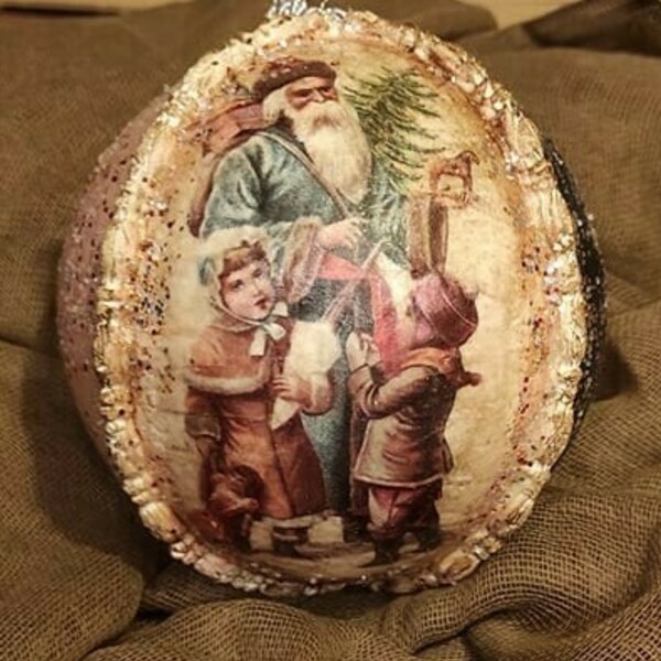 Χειροποίητη χριστουγεννιάτικη μπάλα με Αγιο Βασίλη σε μπλε - ροζ 12 εκ. - πηλός, άγιος βασίλης, στολίδια, μπάλες - 4
