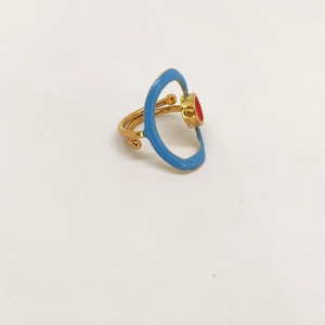 Οβάλ δαχτυλίδι με καστόνι σε κόκκινο και γαλάζιο χρώμα - chevalier, επιχρυσωμένα, ορείχαλκος, γεωμετρικά σχέδια, αυξομειούμενα - 3