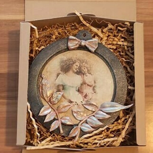 Χειροποίητο Vintage ρομαντικό ξύλινο στολίδι με μικτές τεχνικές 14 cm - ξύλο, vintage, χριστουγεννιάτικα δώρα, στολίδια - 5