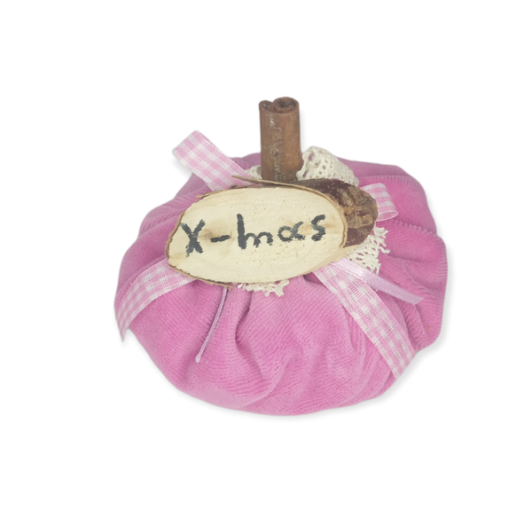 Κολοκύθα με ξυλαράκι (x-mas) ροζ βελούδινη με κορδέλες - ύφασμα, βελούδο, κολοκύθα, γούρια