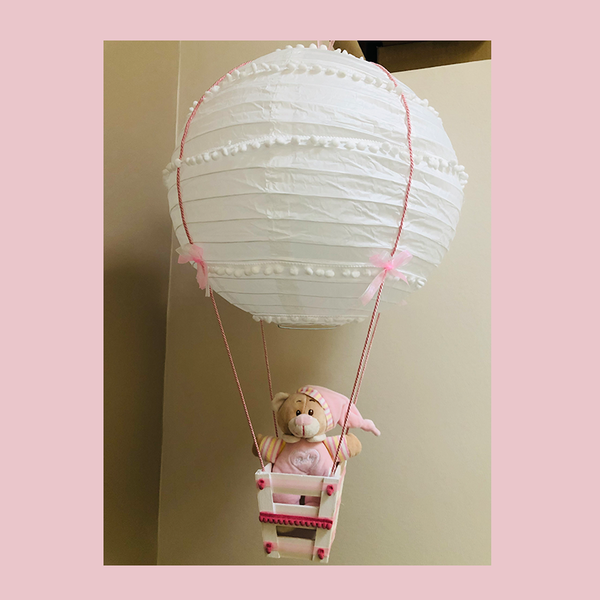 Χειροποίητο Αερόστατο Φωτιστικό Οροφής Παιδικού Δωματίου Λευκό με Πον-Πον για Κορίτσι σε Ροζ Απόχρωση 40 cm - κορίτσι, αερόστατο, δώρα για βάπτιση, δώρο γέννησης, οροφής, παιδικά φωτιστικά, φωτιστικά οροφής - 2