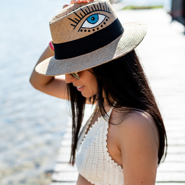 Molokai μπεζ χειροποίητο καπέλο Παναμά με μάτι και boho σχέδια - απαραίτητα καλοκαιρινά αξεσουάρ, αξεσουάρ παραλίας, ψάθινα - 2