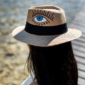Molokai μπεζ χειροποίητο καπέλο Παναμά με μάτι και boho σχέδια - απαραίτητα καλοκαιρινά αξεσουάρ, αξεσουάρ παραλίας, ψάθινα - 3