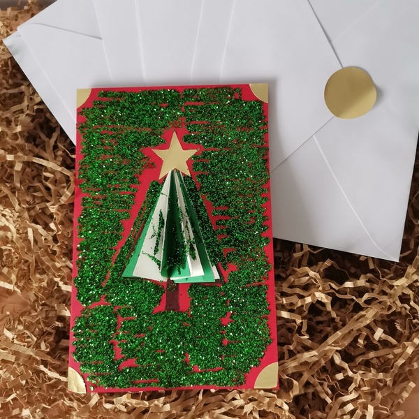 Χειροποίητη χριστουγεννιάτικη κόκκινη κάρτα με τρισδιάστατο δεντράκι και γκλιτερ - δέντρα, κάρτα ευχών, merry christmas, χριστουγεννιάτικα δώρα, ευχετήριες κάρτες - 2