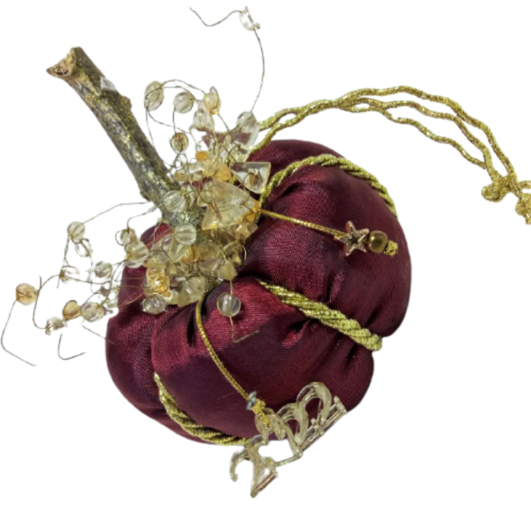 Χειροποίητη mini κολοκύθα - Γούρι μπορντό με κρυσταλλάκια (7 χ 6 εκ.) - ύφασμα, χριστουγεννιάτικο, χριστουγεννιάτικα δώρα, κολοκύθα, γούρια - 4