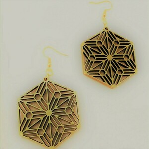 Kumiko Snowflake, γεωμετρικά, πρωτότυπα,ξύλινα, χρυσά σκουλαρίκια - ξύλο, μακριά, κρεμαστά
