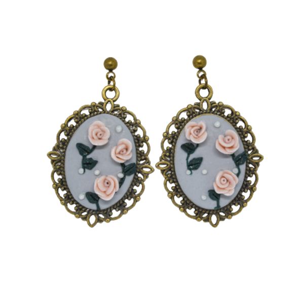 "Sofia" Vintage Earrings χειροποίητα σκουλαρίκια από πολυμερικό πηλό με τριαντάφυλλα! - πηλός, λουλούδι, μπρούντζος, κρεμαστά, μεγάλα