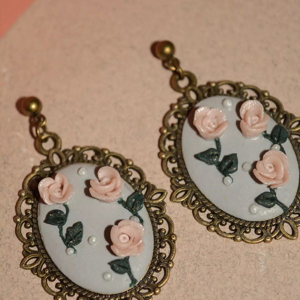 "Sofia" Vintage Earrings χειροποίητα σκουλαρίκια από πολυμερικό πηλό με τριαντάφυλλα! - πηλός, λουλούδι, μπρούντζος, κρεμαστά, μεγάλα - 2