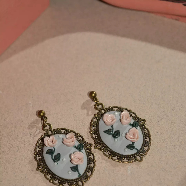 "Sofia" Vintage Earrings χειροποίητα σκουλαρίκια από πολυμερικό πηλό με τριαντάφυλλα! - πηλός, λουλούδι, μπρούντζος, κρεμαστά, μεγάλα - 3