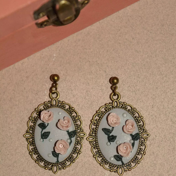 "Sofia" Vintage Earrings χειροποίητα σκουλαρίκια από πολυμερικό πηλό με τριαντάφυλλα! - πηλός, λουλούδι, μπρούντζος, κρεμαστά, μεγάλα - 4