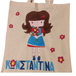 πάνινη τσάντα με κοριτσάκι που κρατάει λουλούδια και όνομα για μεταφορά βιβλίων - όνομα - μονόγραμμα, κορίτσι