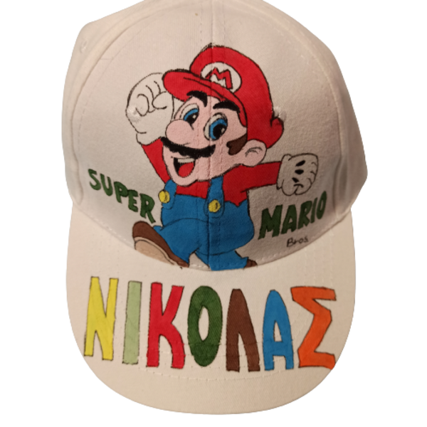παιδικό καπέλο jockey με όνομα και θέμα super mario ( σούπερ μάριο ) - όνομα - μονόγραμμα, καπέλα, σούπερ ήρωες, προσωποποιημένα