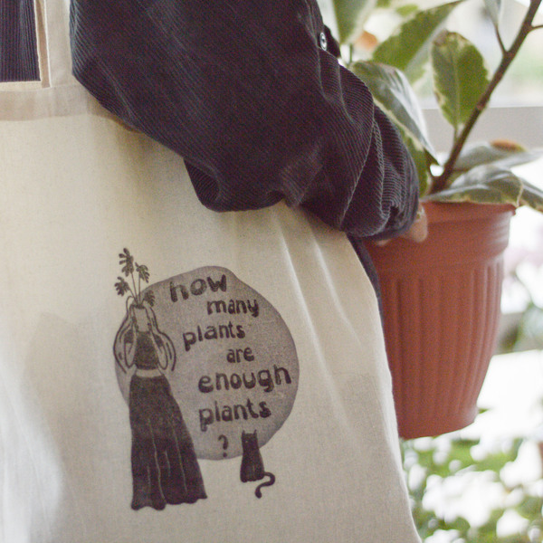 tote bag βαμβακερή τσάντα ώμου τυπωμένη στο χέρι | τύπωμα χαρακτικής σε λινόλεουμ| σχέδιο "plantlady" - ύφασμα, ώμου, all day, tote, πάνινες τσάντες - 5