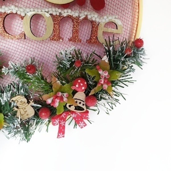 Χριστουγεννιάτικο στεφάνι με ξύλινη επιγραφή "welcome" - ξύλο, στεφάνια, διακοσμητικά - 3