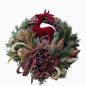 Χριστουγεννιάτικο στεφάνι από μπαμπού με Ταρανδο , λουλούδι ,στολίδια 40 εκατοστά - ξύλο, στεφάνια, διακοσμητικά - 2