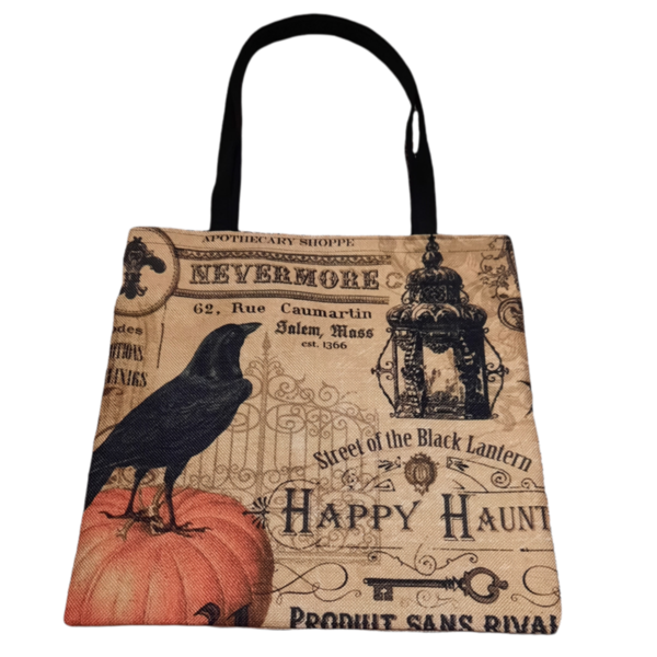 Χειροποίητη υφασμάτινη tote τσάντα Halloween με κοράκι και κολοκύθα - ώμου, all day, halloween, tote