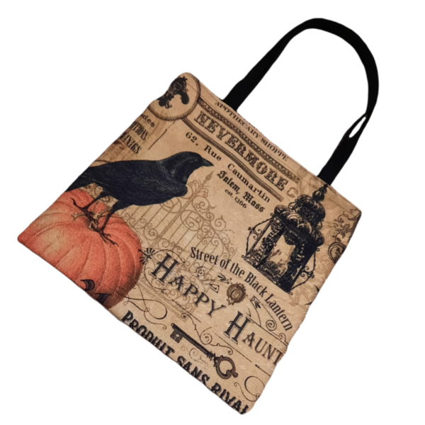 Χειροποίητη υφασμάτινη tote τσάντα Halloween με κοράκι και κολοκύθα - ώμου, all day, halloween, tote - 2