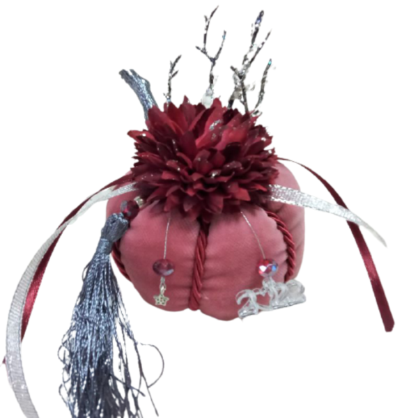 Χειροποίητη βελούδινη κολοκύθα - Γούρι σε ρόζ χρώμα (11 χ 8 εκ.) - βελούδο, χριστουγεννιάτικα δώρα, κολοκύθα, γούρια - 5