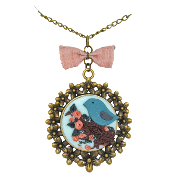 "Julia" Vintage necklace χειροποίητο κολιέ με πουλάκι και δέντρο με λουλούδια! - μακριά, λουλούδι, μεγάλα, φθηνά