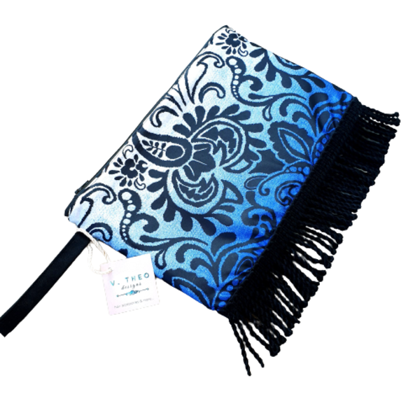 Χειροποίητη μπλε - μαύρη τσάντα (clutch bag) με χερούλι. - ύφασμα, clutch, all day, χειρός
