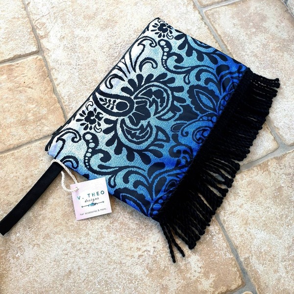 Χειροποίητη μπλε - μαύρη τσάντα (clutch bag) με χερούλι. - ύφασμα, clutch, all day, χειρός - 4