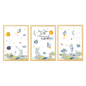 Παιδικά Καδράκια με θέμα το Διάστημα 23x31,5Yx1εκ Φυσικό Ξύλο Αστροναύτης Κορνίζα Σετ των τριών watercolor Τρίπτυχοι Πίνακες - πίνακες & κάδρα, αγόρι, δώρο, διάστημα, παιδικά κάδρα