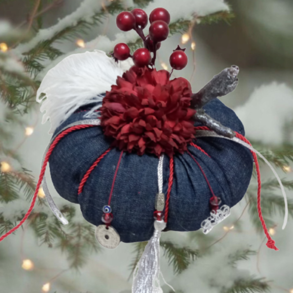 Χειροποίητη κολοκύθα - Γούρι από μαλακό τζίν ύφασμα (15 χ 12 εκ.) - ύφασμα, χειροποίητα, χριστουγεννιάτικα δώρα, κολοκύθα, γούρια - 2