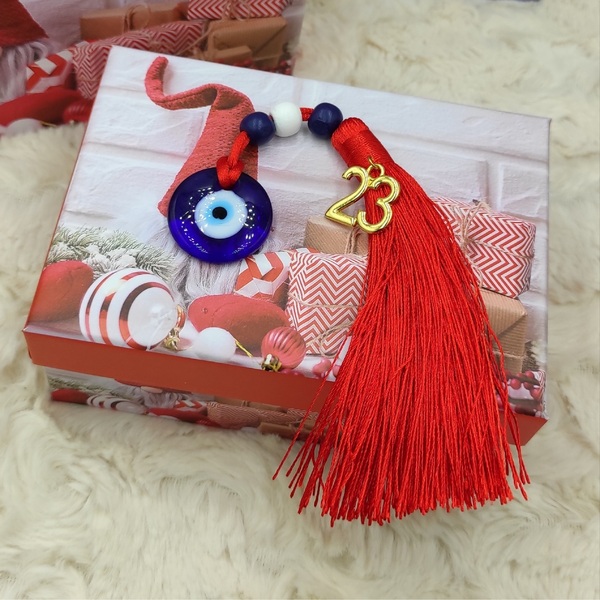 Χειροποίητο επιτραπέζιο γούρι 2023 γυάλινο μάτι με κόκκινη φούντα - γυαλί, χριστουγεννιάτικα δώρα, γούρια - 3