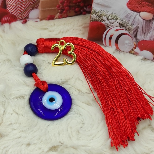 Χειροποίητο επιτραπέζιο γούρι 2023 γυάλινο μάτι με κόκκινη φούντα - γυαλί, χριστουγεννιάτικα δώρα, γούρια - 5