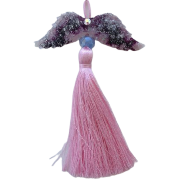 Παιδικό γούρι φυλαχτό φτερά αγγέλου από υγρό γυαλί με ροζ φούντα. Συνολικό μήκος 16 εκατοστά. - γούρι, κορίτσι, δώρα για βάπτιση, δώρα για μωρά, φυλαχτά