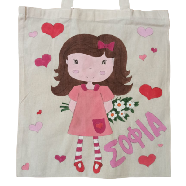 πάνινη τσάντα με κοριτσάκι ντυμένο στα ροζ και όνομα για μεταφορά βιβλίων μεγάλο μέγεθος - ζωγραφισμένα στο χέρι, ώμου, όνομα - μονόγραμμα, personalised, πάνινες τσάντες - 2