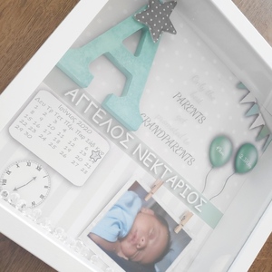 Καδράκι με στοιχεία γέννησης 27x27x6cm για Αγόρι & κορίτσι με μονόγραμμα σε πράσινο παστέλ μεντα (mint) και φωτογραφία - κορίτσι, αγόρι, δώρο γέννησης, ενθύμια γέννησης - 3