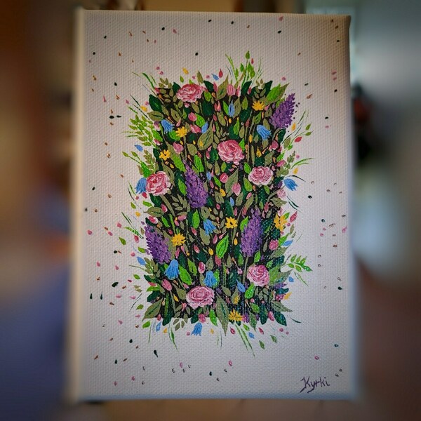 Μικρός πίνακας με λουλούδια. Ακρυλικά σε καμβά. - πίνακες & κάδρα - 5