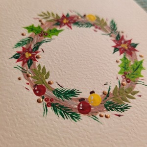 Κάρτα χριστουγεννιάτικη με στεφανάκι ζωγραφισμένη στο χέρι. - ευχετήριες κάρτες - 4