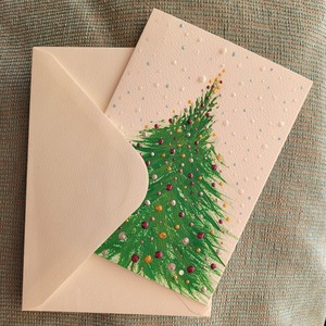Κάρτα χριστουγεννιάτικη με δέντρο ζωγραφισμένη στο χέρι. - ευχετήριες κάρτες, δέντρο - 3