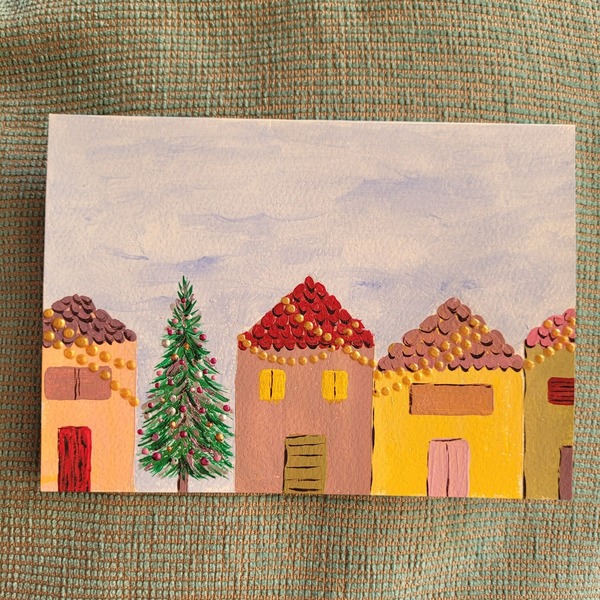 Κάρτα χριστουγεννιάτικη με σπιτάκια, ζωγραφισμένη στο χέρι. - σπίτι, ευχετήριες κάρτες - 3