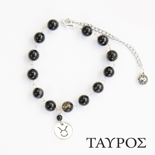 Βραχιόλι - ροζάριο με μαύρο αχάτη με σύμβολο ζώδιο Ταύρος. - ημιπολύτιμες πέτρες, charms, ατσάλι, χεριού, αυξομειούμενα - 5