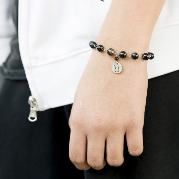 Βραχιόλι - ροζάριο με μαύρο αχάτη με σύμβολο ζώδιο Ταύρος. - ημιπολύτιμες πέτρες, charms, ατσάλι, χεριού, αυξομειούμενα - 2