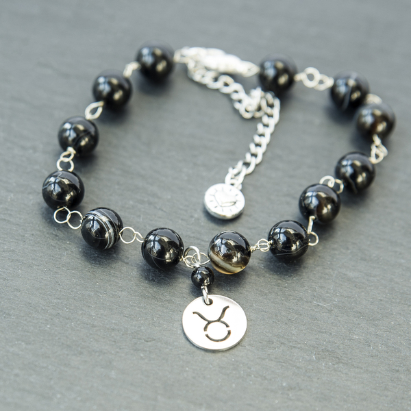 Βραχιόλι - ροζάριο με μαύρο αχάτη με σύμβολο ζώδιο Ταύρος. - ημιπολύτιμες πέτρες, charms, ατσάλι, χεριού, αυξομειούμενα - 3