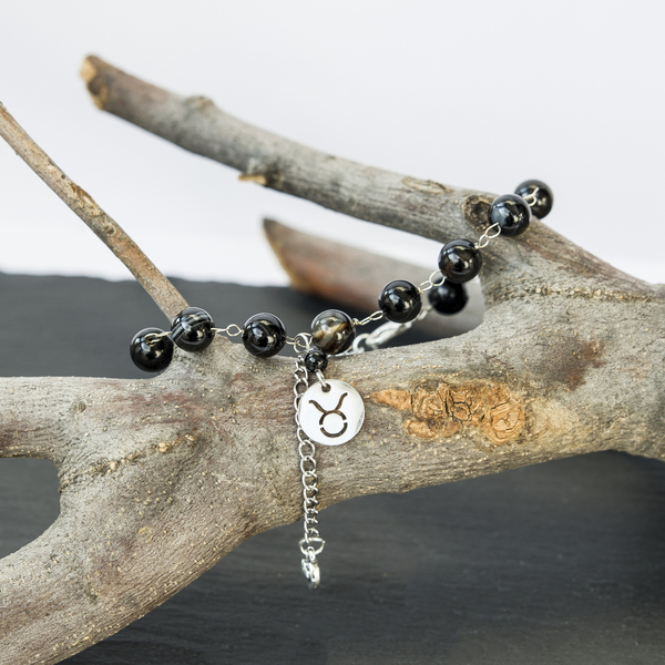 Βραχιόλι - ροζάριο με μαύρο αχάτη με σύμβολο ζώδιο Ταύρος. - ημιπολύτιμες πέτρες, charms, ατσάλι, χεριού, αυξομειούμενα - 4