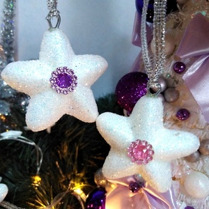 Σετ 4 χριστουγεννιάτικα στολίδια αστέρι λευκά με ιριδίζον γκλίτερ 4,5×4,5×2,5cm/τμχ - αστέρι, χριστούγεννα, στολίδια, πρωτοχρονιά - 5