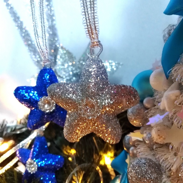 Σετ 4 χριστουγεννιάτικα στολίδια αστέρι με ασημί-μπλε γκλίτερ 4,5×4,5×8cm/τμχ - αστέρι, χριστούγεννα, στολίδια, πρωτοχρονιά - 5