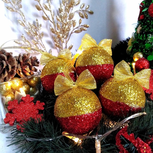 Σετ 4 χριστουγγενιάτικες μπάλες με χρυσό-κόκκινο γκλίτερ 7×5,5×5,5cm/τμχ - χριστούγεννα, στολίδια, πρωτοχρονιά, μπάλες - 2