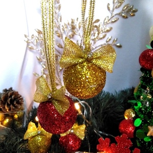 Σετ 4 χριστουγεννιάτικες μπάλες μίνι με χρυσό-κόκκινο γκλίτερ 4×3×3cm - χριστούγεννα, στολίδια, πρωτοχρονιά, μπάλες - 3