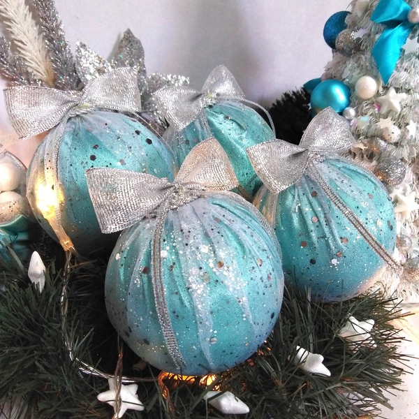 Σετ 4 χριστουγγενιάτικες μπάλες σατέν μπλε-οργάντζα ασημί γκλίτερ 10×8×8cm/τμχ - χριστούγεννα, στολίδια, πρωτοχρονιά, μπάλες - 2