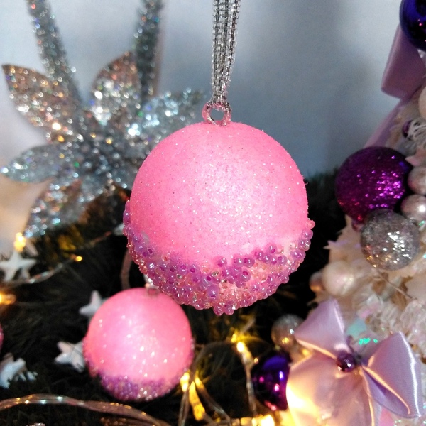 Σετ 4 χριστουγεννιάτικες μπάλες ροζ γκλίτερ-λιλά χάντρες 4,5×4,5×4,5cm/τμχ - χριστούγεννα, στολίδια, πρωτοχρονιά, μπάλες - 5