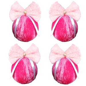 Σετ 4 χριστουγγενιάτικες μπάλες με ροζ βελούδο-ροζ γούνα 12×8×8cm/τμχ - χριστούγεννα, στολίδια, πρωτοχρονιά, μπάλες